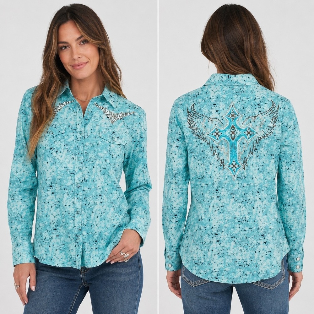 Cowgirl Hardware Womens M Y2K Western Rhinestone Cross Wings Pearl Snap Shirt
